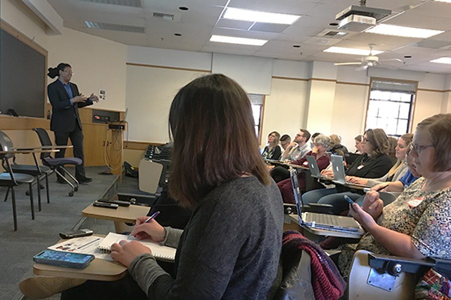 Damaso Reyes leads the Feb. 2 Teaching Media Literacy workshop, which brought 60 educators and journalists to the CU Boulder campus.